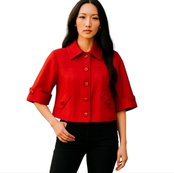 Red Blazer Linen blend Office Siren blazer boxy cropped tailored  Nygard  sz 4P - Picture 12 of 13